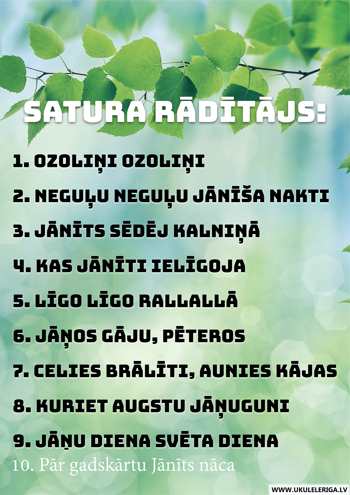 PDF book: 9 UKULELE LĪGO SONGS with chords and numbers for Kalimba and Zvanga (Video samples for Ukulele and Guitar)