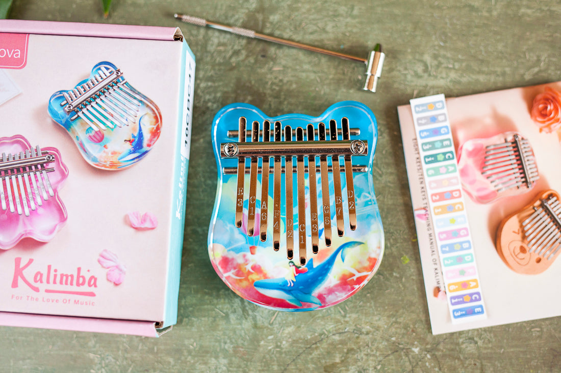 Portable 10-Key Acrylic Kalimba with Engraved Numbers and Whale Design, Health-Friendly and Easy to Play + Tuning Hammer