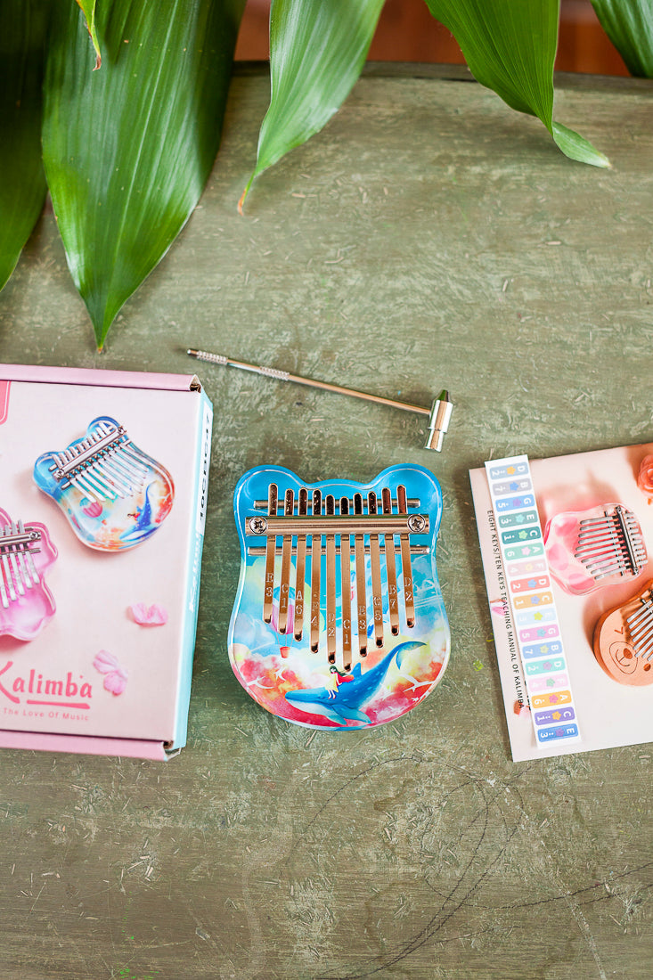 Portable 10-Key Acrylic Kalimba with Engraved Numbers and Whale Design, Health-Friendly and Easy to Play + Tuning Hammer
