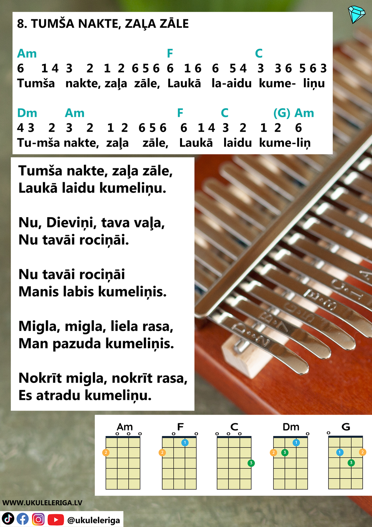 Digital PDF book: 50 EASY-TO-PLAY FOLK SONGS for Kalimba, Zither, Ukulele, and Koka