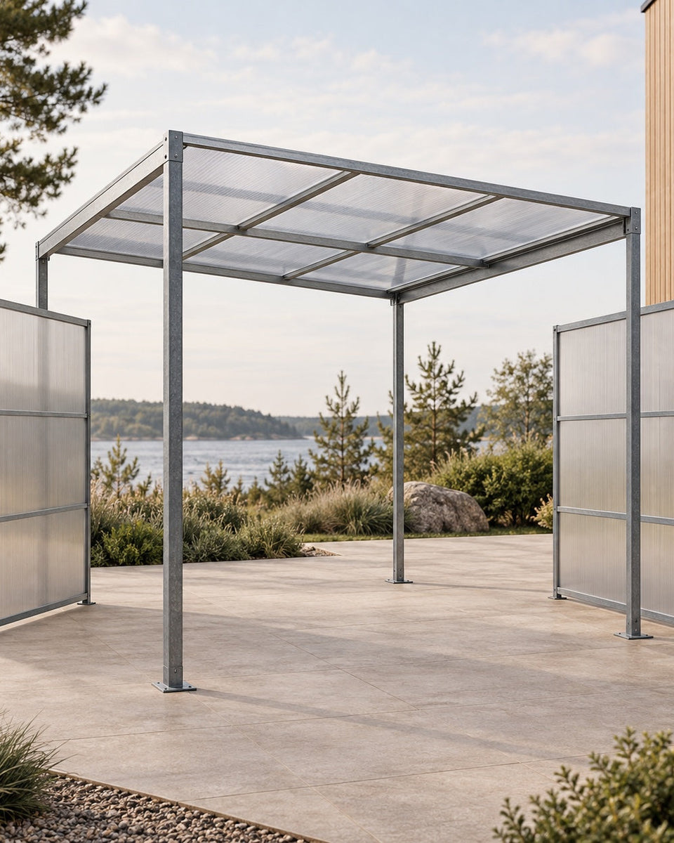 Modular garden shelter with polycarbonate roof, galvanised steel frame and optional side walls