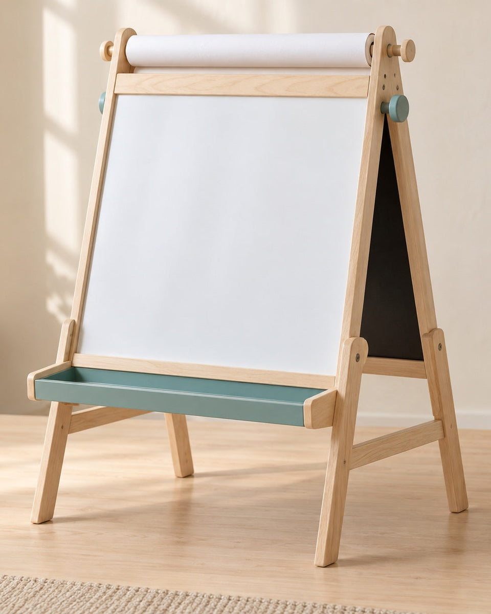 Birch tabletop easel with paper roll and chalkboard