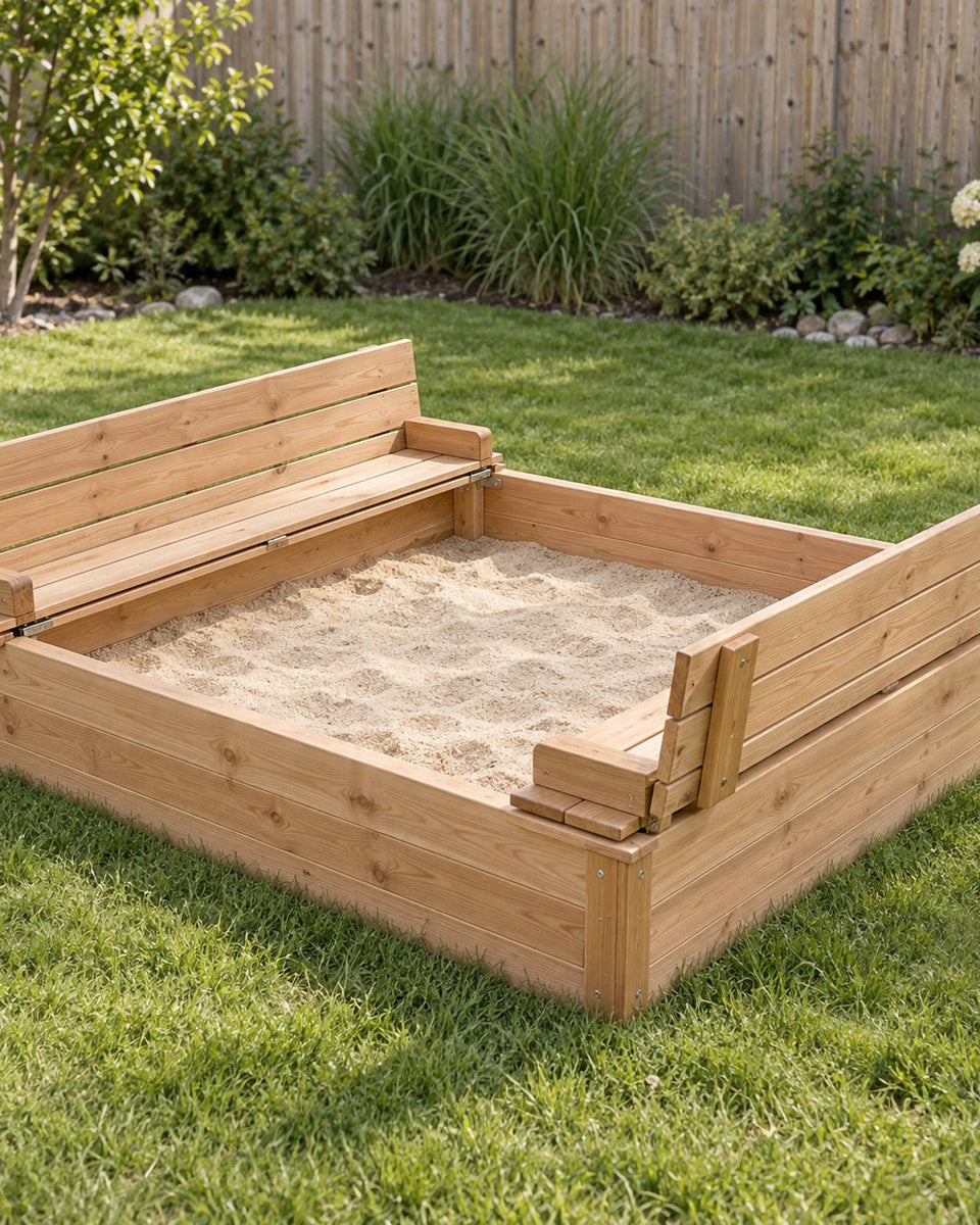 Larch sandpit with folding lid that turns into two bench seats, 150 × 150 cm