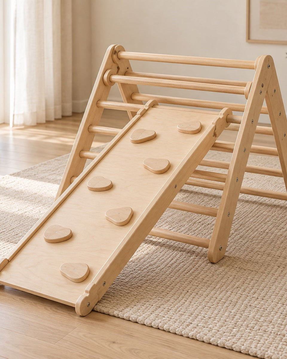 Pikler climbing triangle with reversible ramp