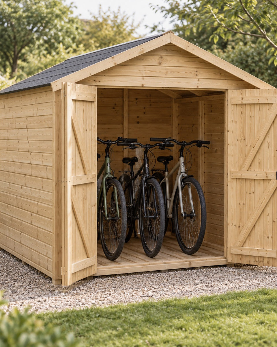 Pine bicycle shed for three bikes